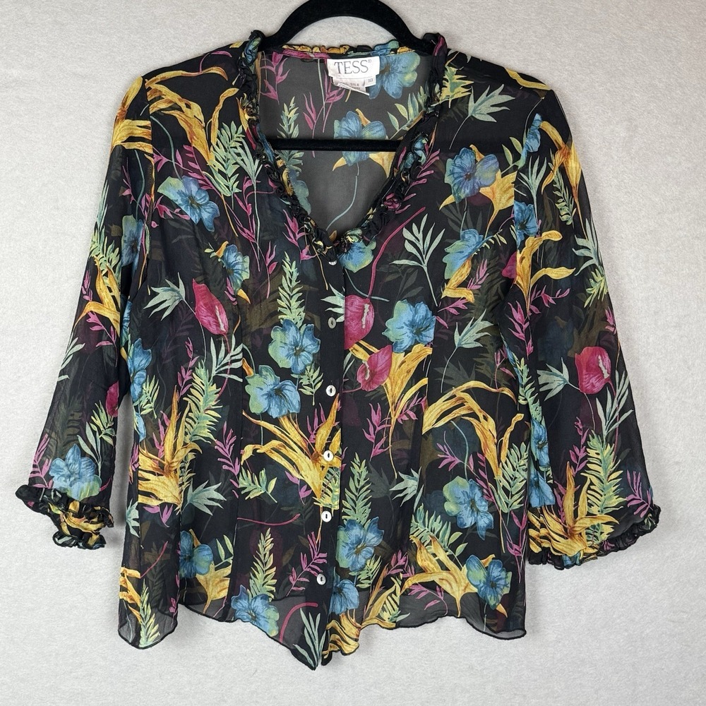 Vtg Tess 100% Silk Black Tropical Floral Artsy Relaxed Button Up‎ Shirt Sz 10